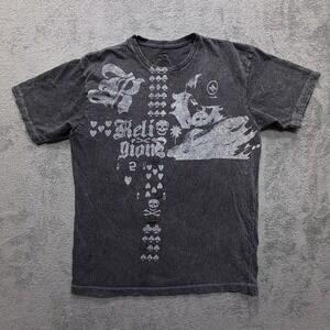 Religion Skull Cards Graphic Shirt Mens Medium Black Faded‎ Pirate Gothic Alt